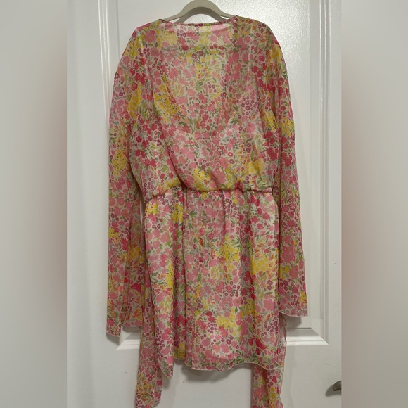 Miss Selfridge Floral Chiffon Romper Pink Yellow Long Sleeve V-Neck US 12 NWT - Picture 7 of 11
